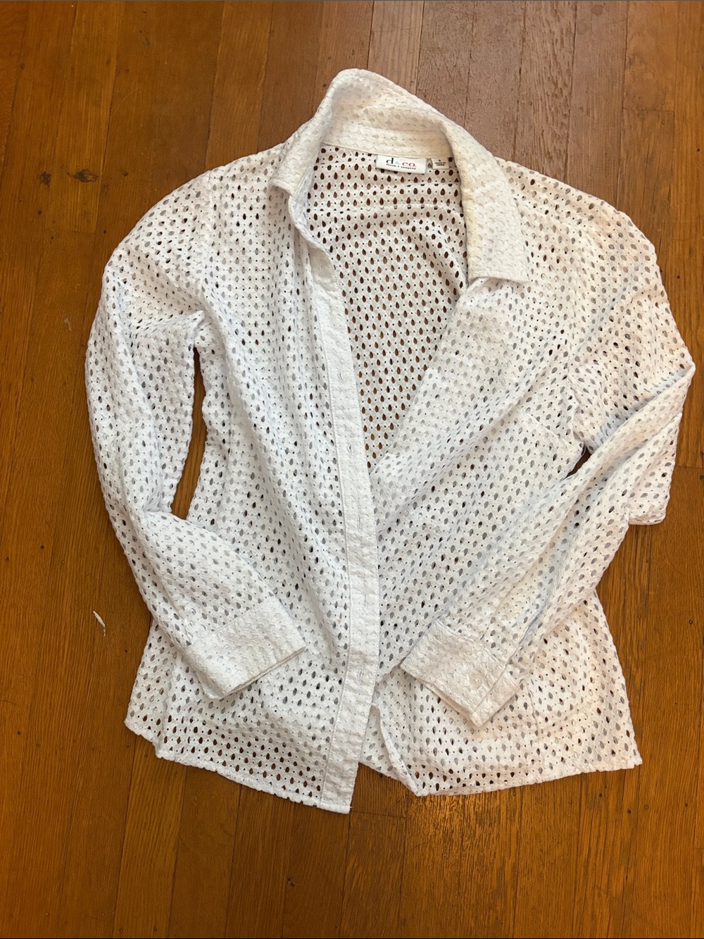 D @ company denim and Company  White Openwork Eyelet Button-Front Blouse